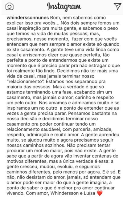 Whindersson Nunes e Luísa Sonza anunciam fim de casamento veja o texto publicado