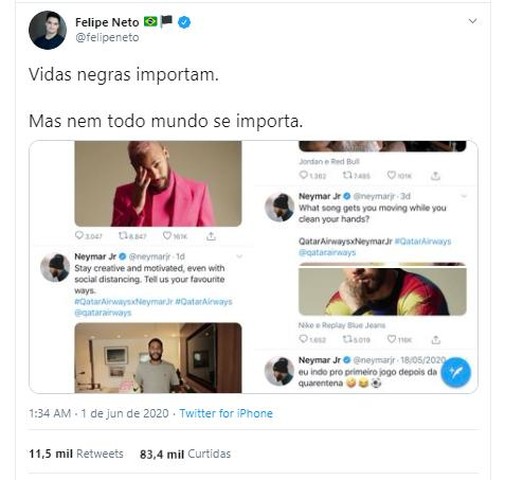 Felipe Neto pede posicionamento de Neymar diante aos atos racistas - Reprodução