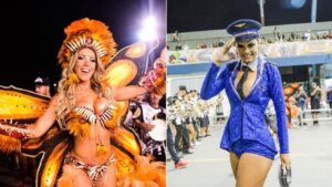 A rainha de bateria Tatiane Minerato e a imperatriz Renata Teruel se desentenderam em 2018 Imagem: Leo Franco/AgNews e Eduardo Graboski/M2 Mídia