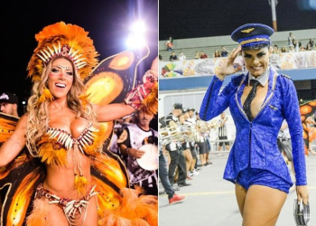 A rainha de bateria Tatiane Minerato e a imperatriz Renata Teruel se desentenderam em 2018 Imagem: Leo Franco/AgNews e Eduardo Graboski/M2 Mídia