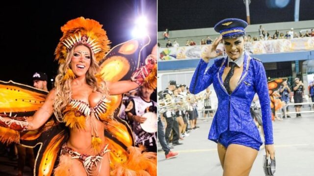 A rainha de bateria Tatiane Minerato e a imperatriz Renata Teruel se desentenderam em 2018 Imagem: Leo Franco/AgNews e Eduardo Graboski/M2 Mídia