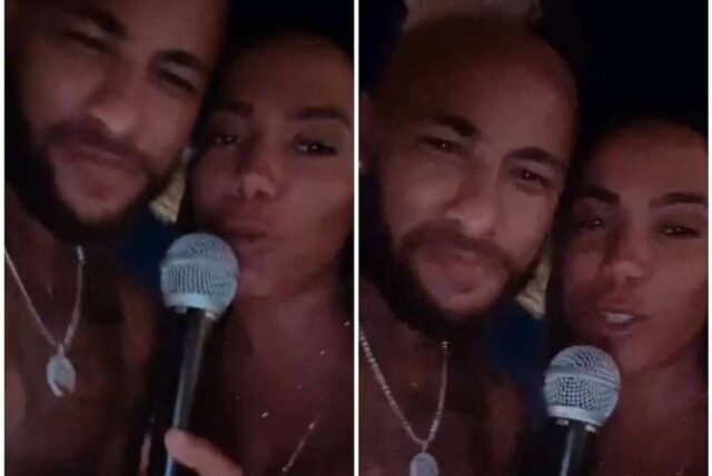 uma foto da cantora anitta cantando com o neymar jr