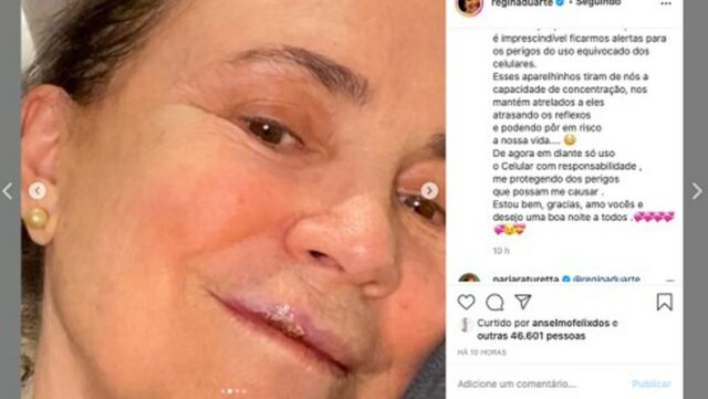Uma foto da atriz Regina Duarte e o seu depoimento no instagram