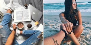 uma foto de praia, café e livro