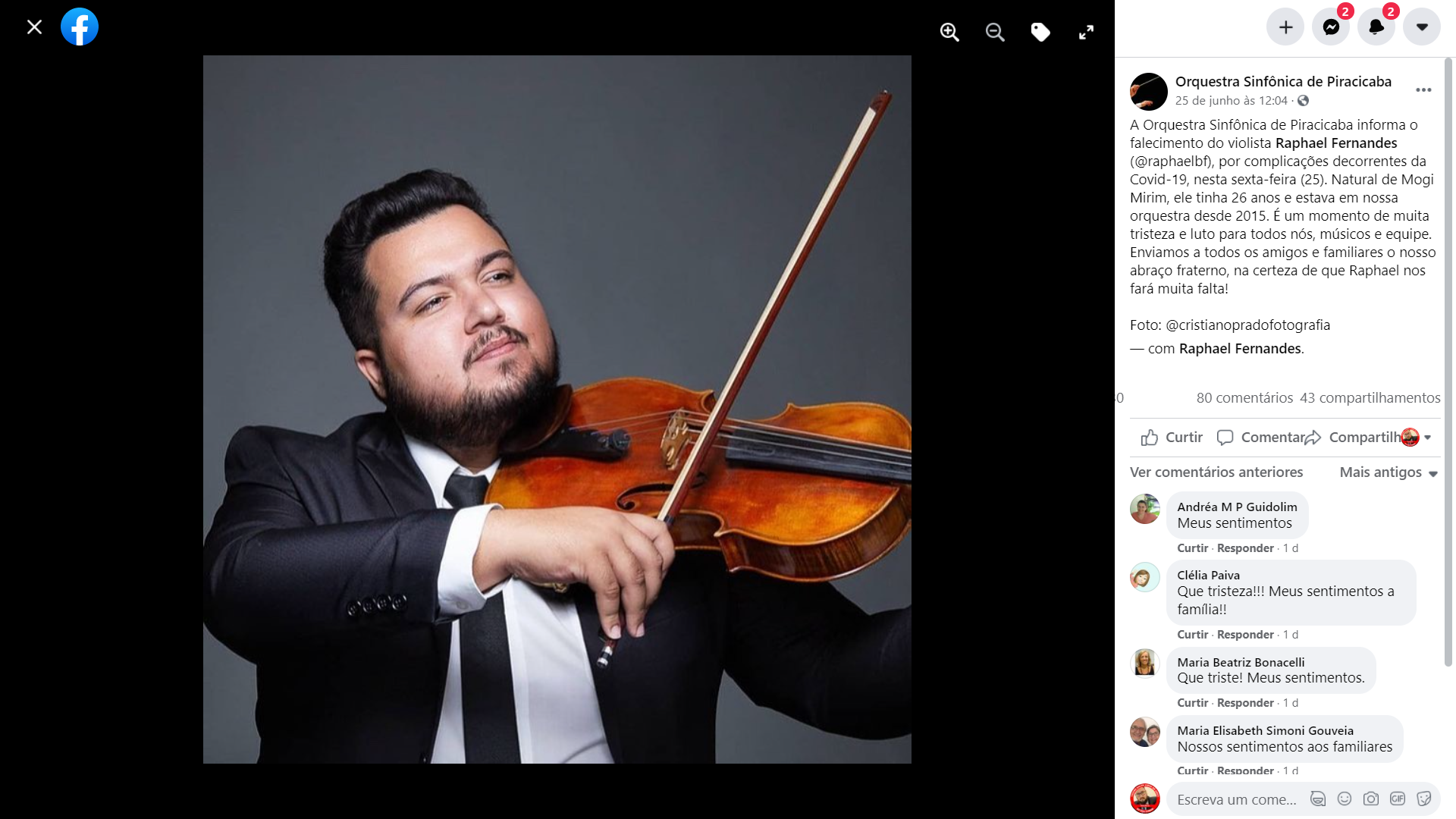 Violinista da Orquestra de Piracicaba (SP) morre por Covid aos 26 anos; cidade soma outras nove mortes