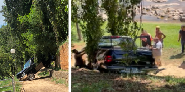 Caminhonete despenca da Rua do Porto e quase cai no Rio Piracicaba