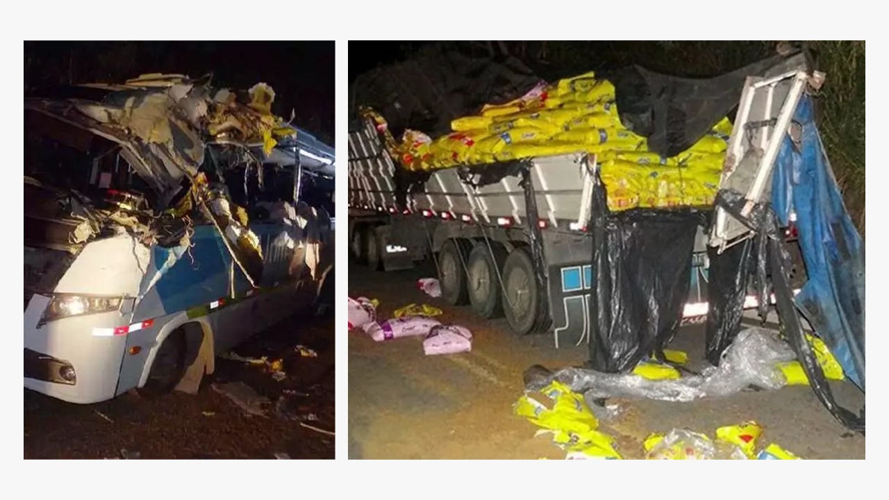 Acidente entre micro-ônibus e carreta deixa três mortos e 13 feridos