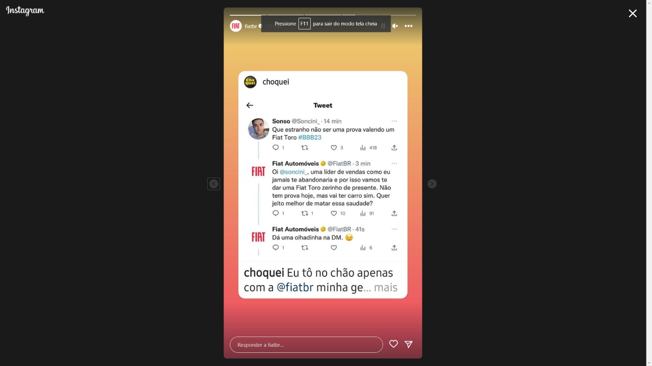 Usuário do Twitter ganha uma Fiat Toro após reclamar da marca no “BBB 23”