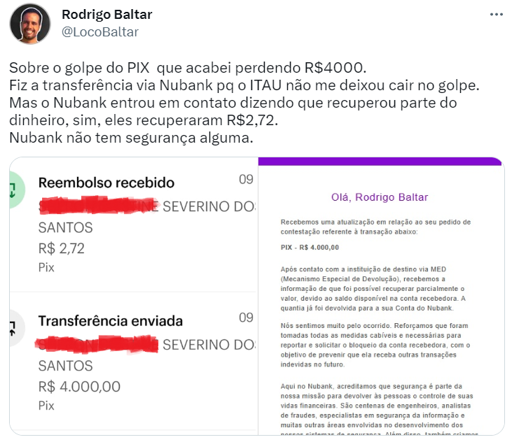 Itaú impede, mas cliente insiste e perde R$ 4 mil em PIX pelo Nubank e agora culpa banco
