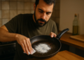 Farinha na frigideira suja o truque que puxa a gordura velha