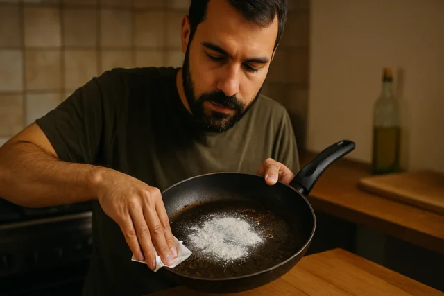Farinha na frigideira suja o truque que puxa a gordura velha