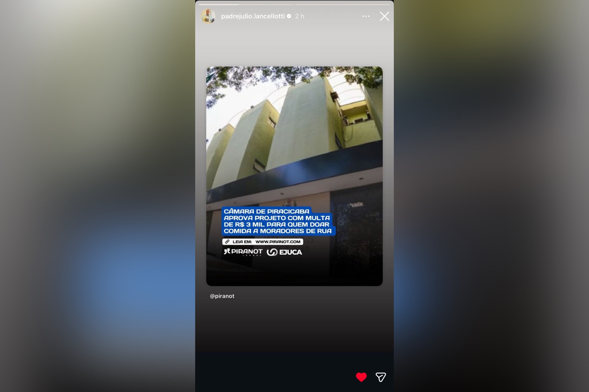 Padre Júlio Lancelotti compartilha notícia do PIRANOT sobre lei que multa caridade em Piracicaba