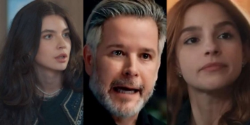 Lorena (Alanis Guillen), Ferette (Murilo Benício) e Juquinha (Gabriela Medvedovsky) de Três Gra...