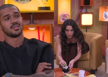 Matheus, eliminado do BBB 26, com Ceci Ribeiro e Gil do Vigor no Bate Foto: Papo BBB (Reproduçã...